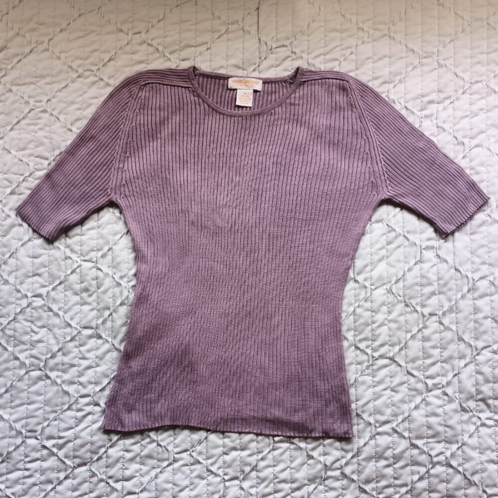 100% Silk Ribbed Knit Short Tshirt - Lilac Lavender Purple - Brooks Brothers